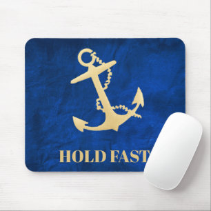 Mousepad Âncora de Barco Dourada em Couro Azul