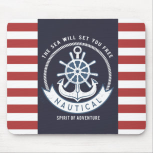 Mousepad Âncora Náutica,Roda, Azul Marinho,Listras Vermelha