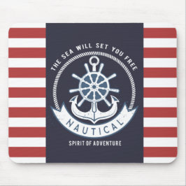 Mousepad Âncora Náutica,Roda, Azul-Marinho,Stripes Vermelha