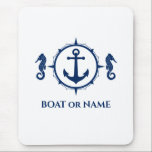 Mousepad Ancoragem náutica do cavalo Seu barco ou Nome Azul<br><div class="desc">Cavalo-marinho náutico e ancorador Capitão Seu Nome Personalizado ou Nome do Rato do Barco</div>