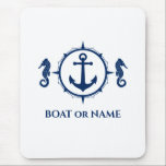 Mousepad Ancoragem náutica do cavalo Seu barco ou Nome Azul<br><div class="desc">Cavalo-marinho náutico e ancorador Capitão Seu Nome Personalizado ou Nome do Rato do Barco</div>