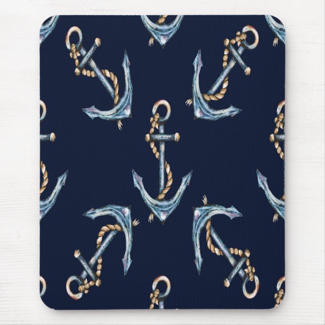 Mousepad Âncoras de Aquarela Azul-Marinho (Frente)