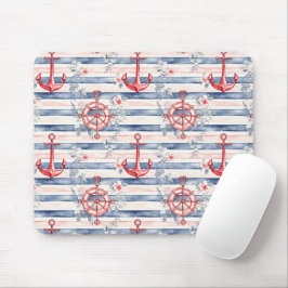 Mousepad Âncoras Florais Listras Azuis Vermelhas Praia