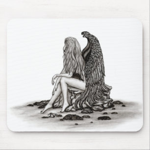 Mousepad Angel, perdido no pensamento, Design preto e branc
