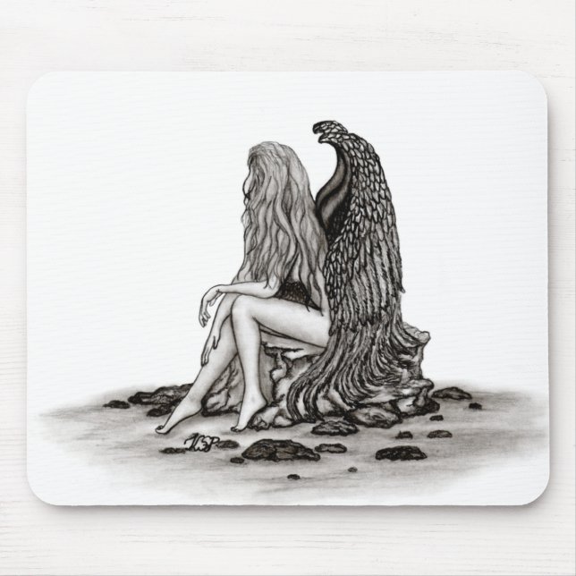 Mousepad Angel, perdido no pensamento, Design preto e branc (Frente)