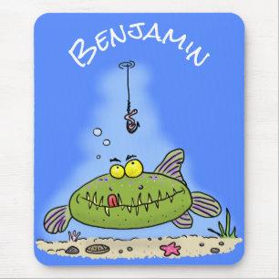 Mousepad Animação de peixe verde esfomeado e gordo