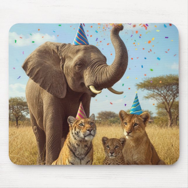 Mousepad Animais de festa africanos com chapéus e confetes (Frente)