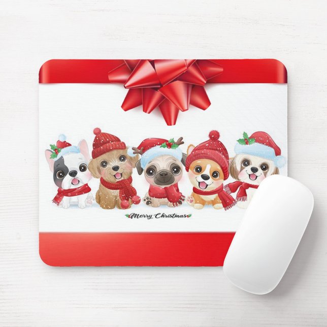 Mousepad Animais de Natal (Illustration of five cartoon dogs wearing Christmas hats and scarves.)
