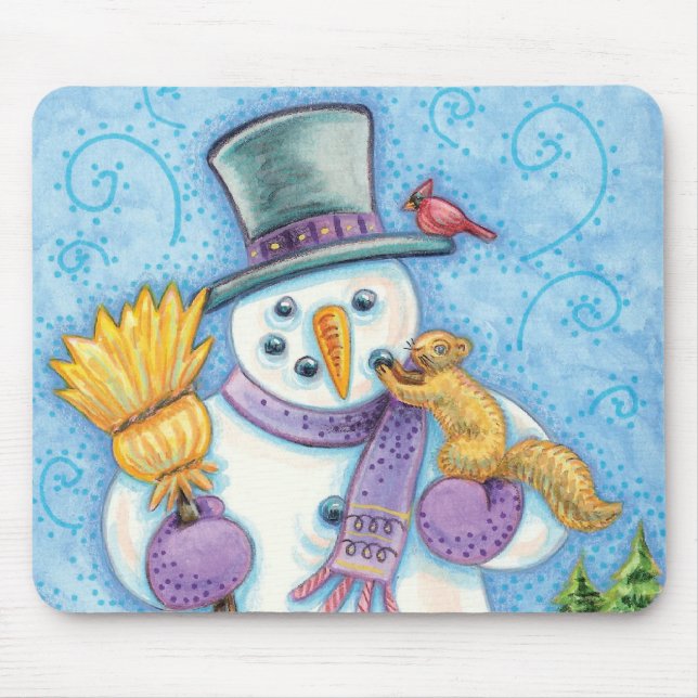 Mousepad Animais Fofos Construindo um Boneco de Neve para o (Frente)