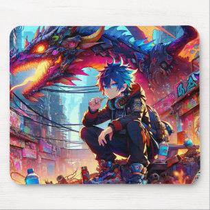 Mousepad Anime Boy e Dragão em um mundo distópico