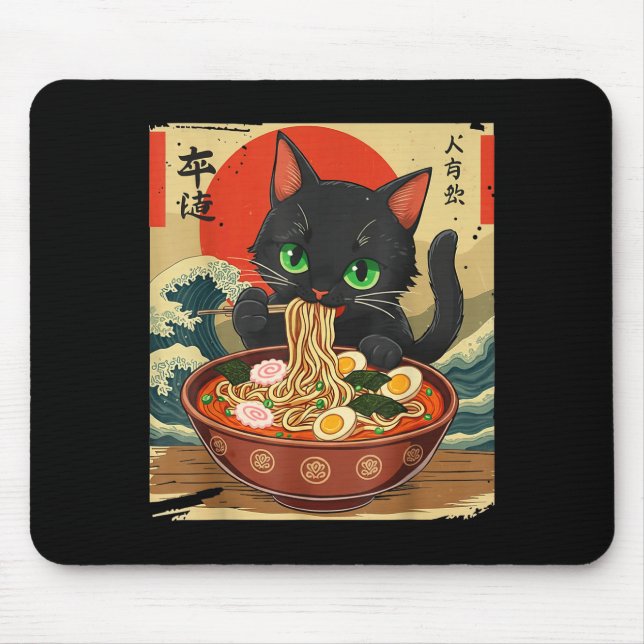 Mousepad Anime Cat Eating Ramen Japanese Art Graphic Cat Cu (Frente)