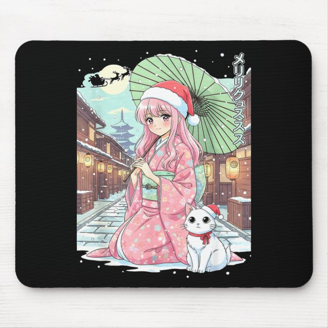Mousepad Anime Kimono Girl Christmas Japan Cat Xmas Japan A (Frente)