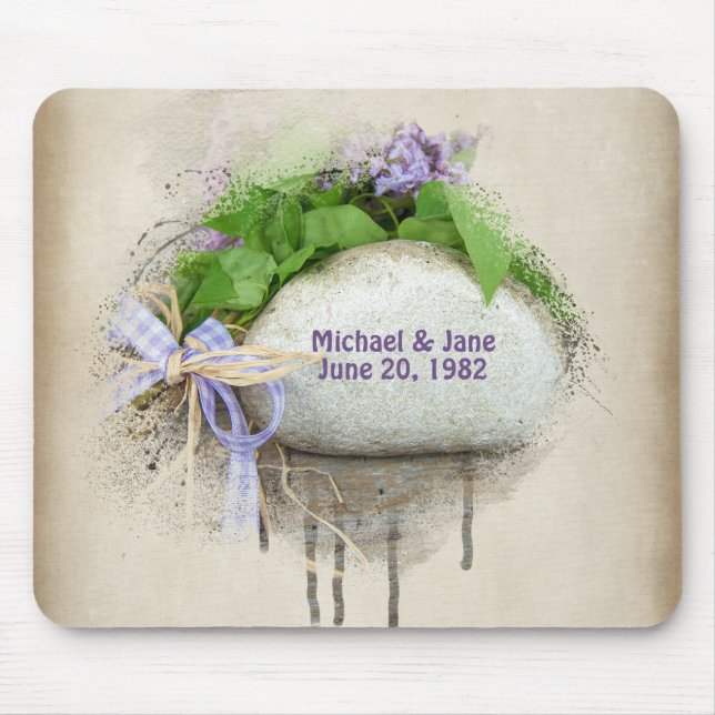 Mousepad aniversário de casamento rocha e lilases (Frente)
