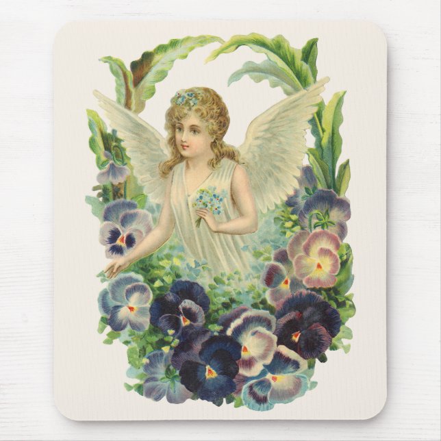 Mousepad Anjo Páscoa vitoriano com Flores Pansy Roxas (Frente)
