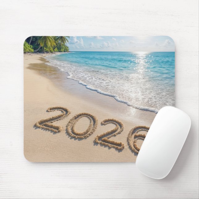Mousepad Ano Novo 2026 Texto em uma Praia Tropical (Com mouse)