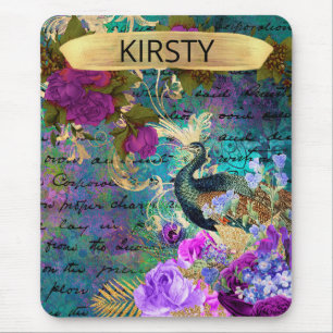 Mousepad Antigo Pavão Ilustrado e Flores Grunge