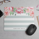 Mousepad Antiguidade de Peony & Sage Stripe<br><div class="desc">O moderno peonense floral mousepad apresenta listras verdes de menta pastel chic com um buquê de pincel e marucas florescendo do topo. Personalize com um nome,  monograma ou mensagem usando o campo fornecido.</div>