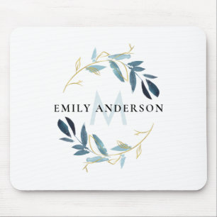MOUSEPAD AQUA BLUE FOLIAGE WATERCOLOR WREATH MONOGRAMA