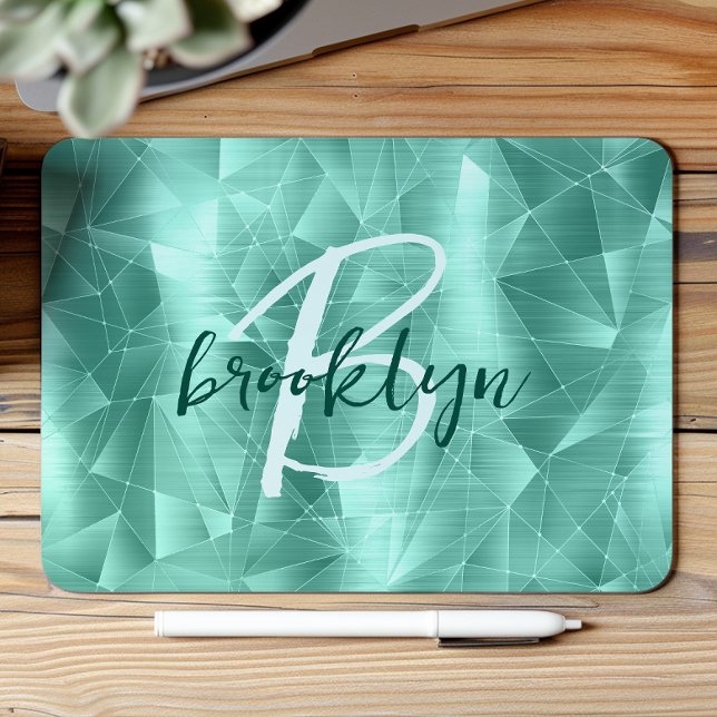 Mousepad Aqua Blue Geometric Brushed Metal Script Monogram (Criador carregado)