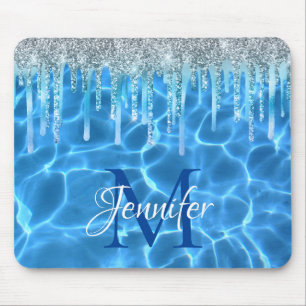 Mousepad Aqua Blue Swimming Pool Glitter Drip Monogram