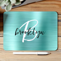 Aqua Brushed Metal Black White Script Monogram 