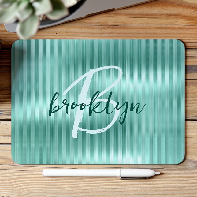 Mousepad Aqua Brushed Metal Stripes Script Monogram  (Criador carregado)