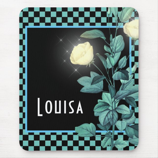 Mousepad Aqua Checkerboard Floral Personalizada (Frente)