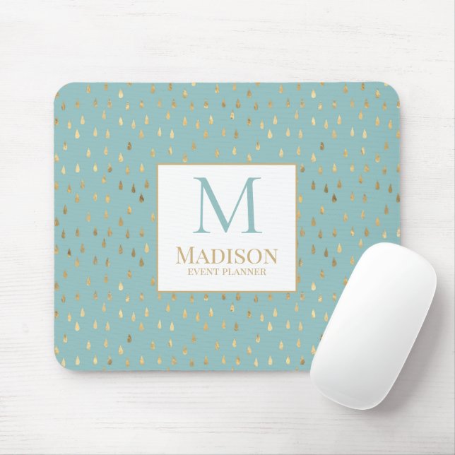 Mousepad Aqua Dourado Gota de Chuva Moderno Monograma Tendê (Com mouse)