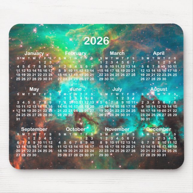 Mousepad Aqua Green Star Cluster Celestial 2026 Calendar (Frente)