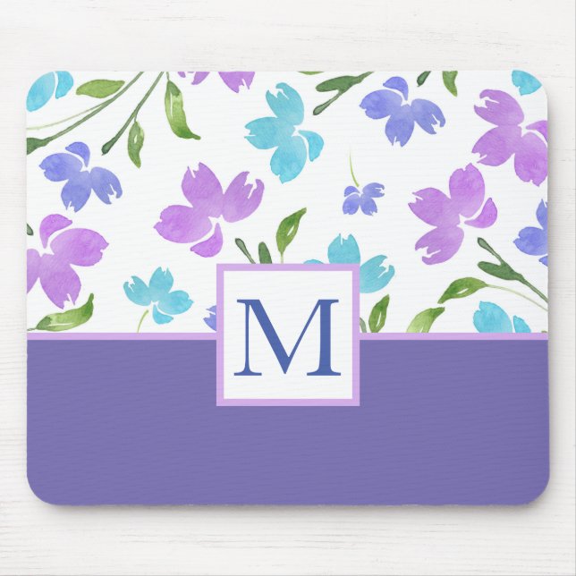 Mousepad Aqua Periwinkle Purple Watercolor Stems (Frente)