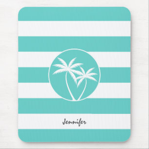 Mousepad Aqua Rugby Stripes Logotipo Tropical Palm com Nome