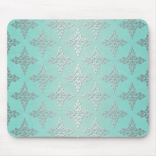 Mousepad Aqua Teal e Cor damasco Branca Silvery (Frente)