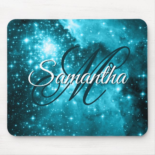 Mousepad Aqua Teal Sparkly Stars Celestial Monograma do Ric (Frente)