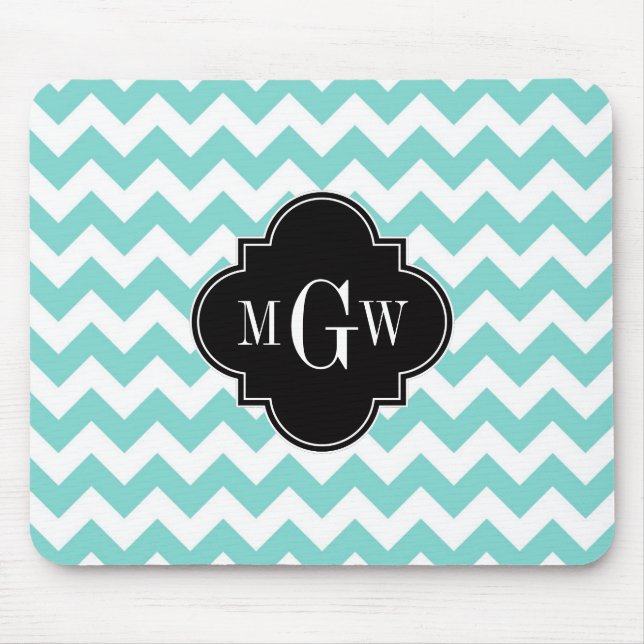 Mousepad Aqua Whevron Black Quatrefoil 3 Monograma (Frente)