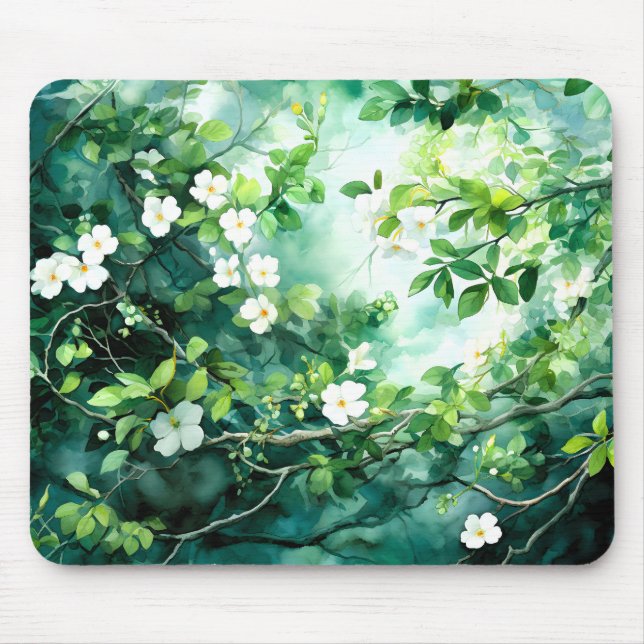 Mousepad Aquarela Botânica Flores Brancas Folhas Verdes (Frente)