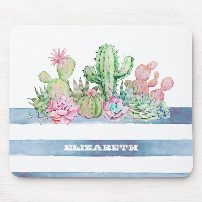 Mousepad Aquarela Cactus Suculentas Flores Listras  (Frente)