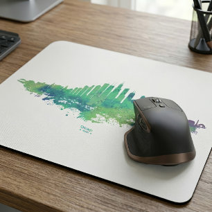 Mousepad Aquarela da Silhueta de Chicago Azul Verde Arte Ur