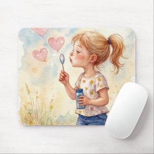 Mousepad Aquarela de Garota Soprando Bolhas de Coração