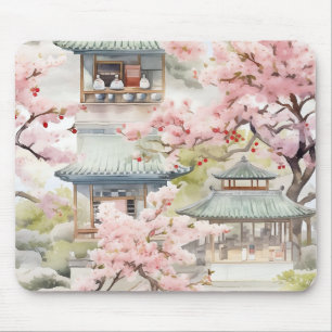 Mousepad Aquarela de Pagoda Asiática em meio às flores de c