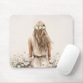 Mousepad Aquarela de uma jovem mulher no campo de margarida