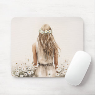 Mousepad Aquarela de uma jovem mulher no campo de margarida