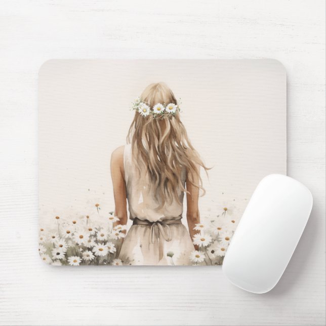 Mousepad Aquarela de uma jovem mulher no campo de margarida (Com mouse)