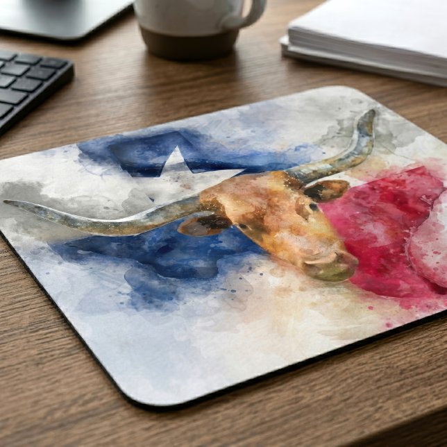 Mousepad Aquarela do Texas Longhorn com Mapa da Bandeira Ar (Texas Longhorn Watercolor with Flag Map Art. Mouse Pad)
