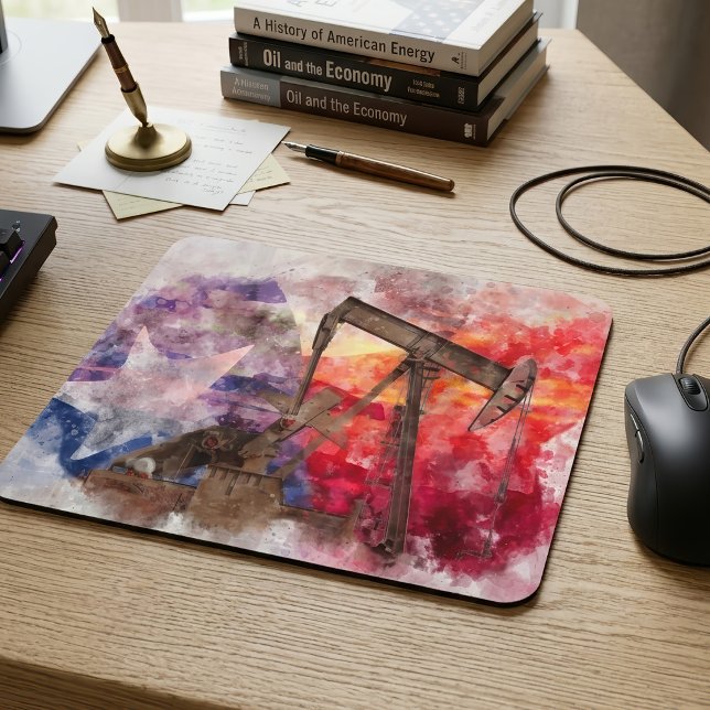 Mousepad Aquarela do Texas Pumpjack com Arte da Bandeira do (Texas Pumpjack Watercolor with Texas Flag Art. Mouse Pad)