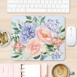 Mousepad Aquarela Floral Azul Rosa Hydrangea Peônia Primave