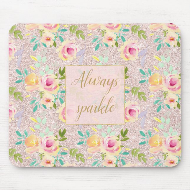 Mousepad Aquarela Floral Brilho Falso Rubor Rosa (Frente)