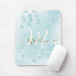 Mousepad Aquarela Folhagem Botânica Monograma Azul Folhagem
