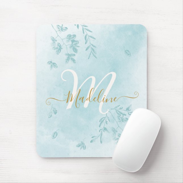 Mousepad Aquarela Folhagem Botânica Monograma Azul Folhagem (Com mouse)
