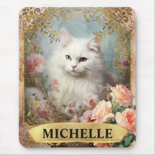 Mousepad Aquarela Gato Branco Vintage e Rosas Pink