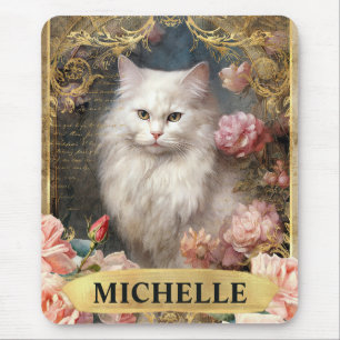 Mousepad Aquarela Gato Branco Vintage e Rosas Pink